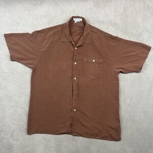 Tulio XL Mens Brown 100% Pure Silk Short Sleeve Basketweave Button Up Shirt